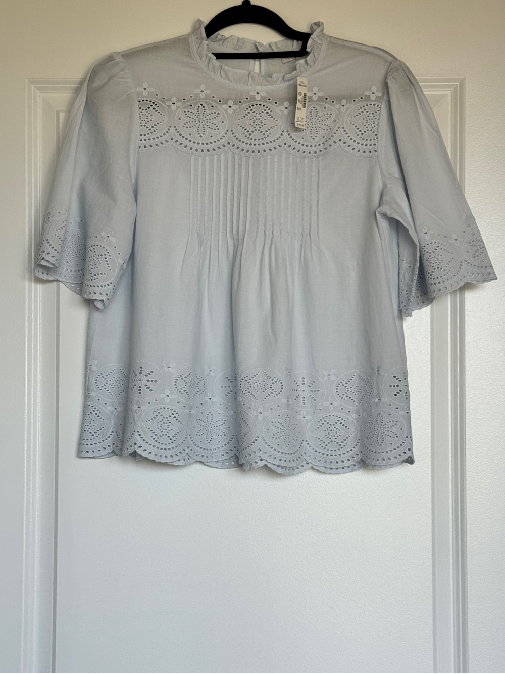 NWT MADEWELL Embroidered Pintuck High-Neck Top Soft Blue Small 100% Cotton NZ462 - Picture 5 of 14
